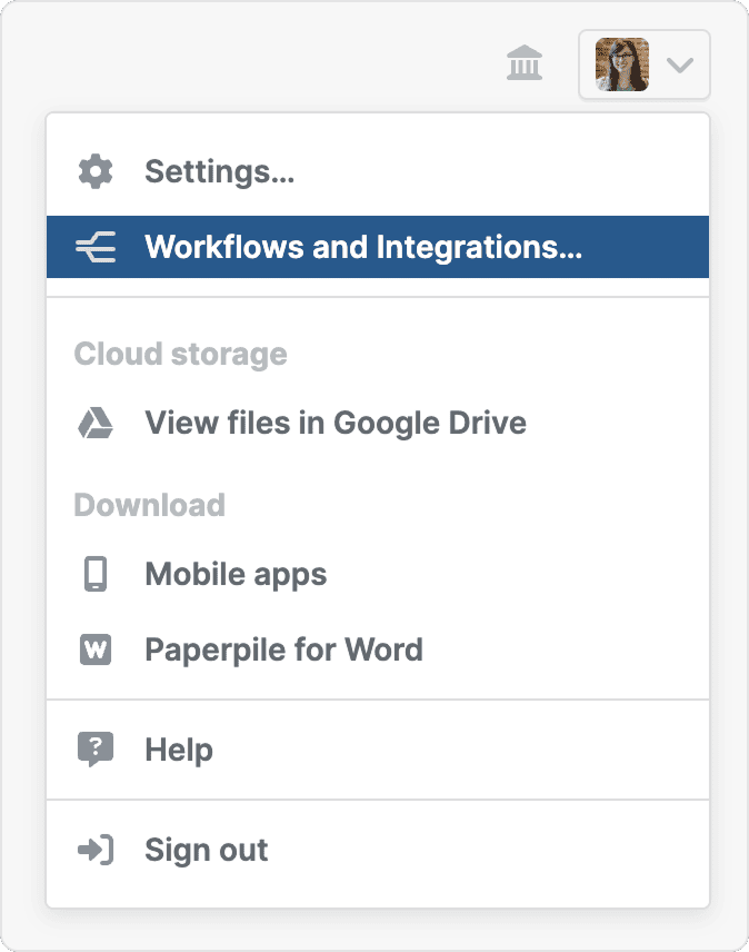The profile menu open with “Workflows and Integrations…” highlighted below Settings…, above Cloud storage, Download, Help and Sign out.